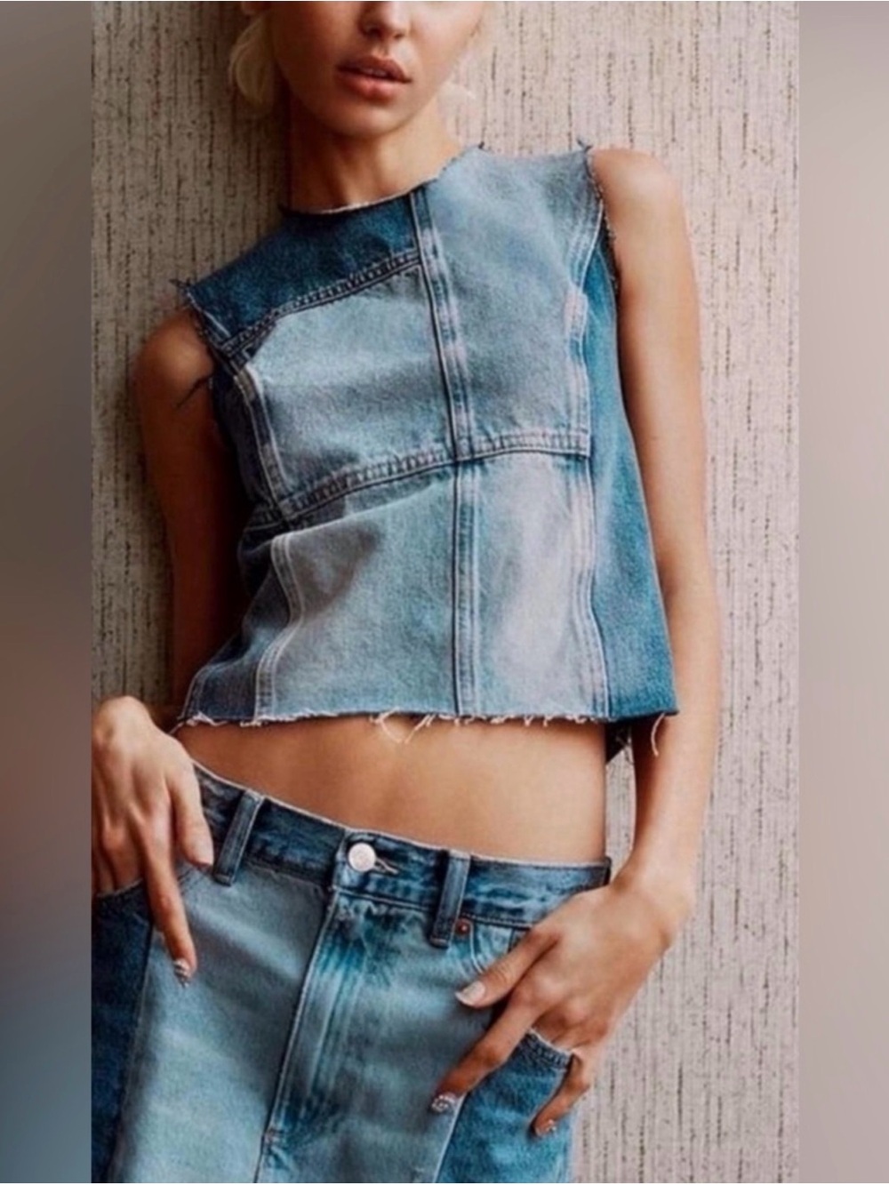 Zara Patchwork Denim Crop Tank Top - Blue